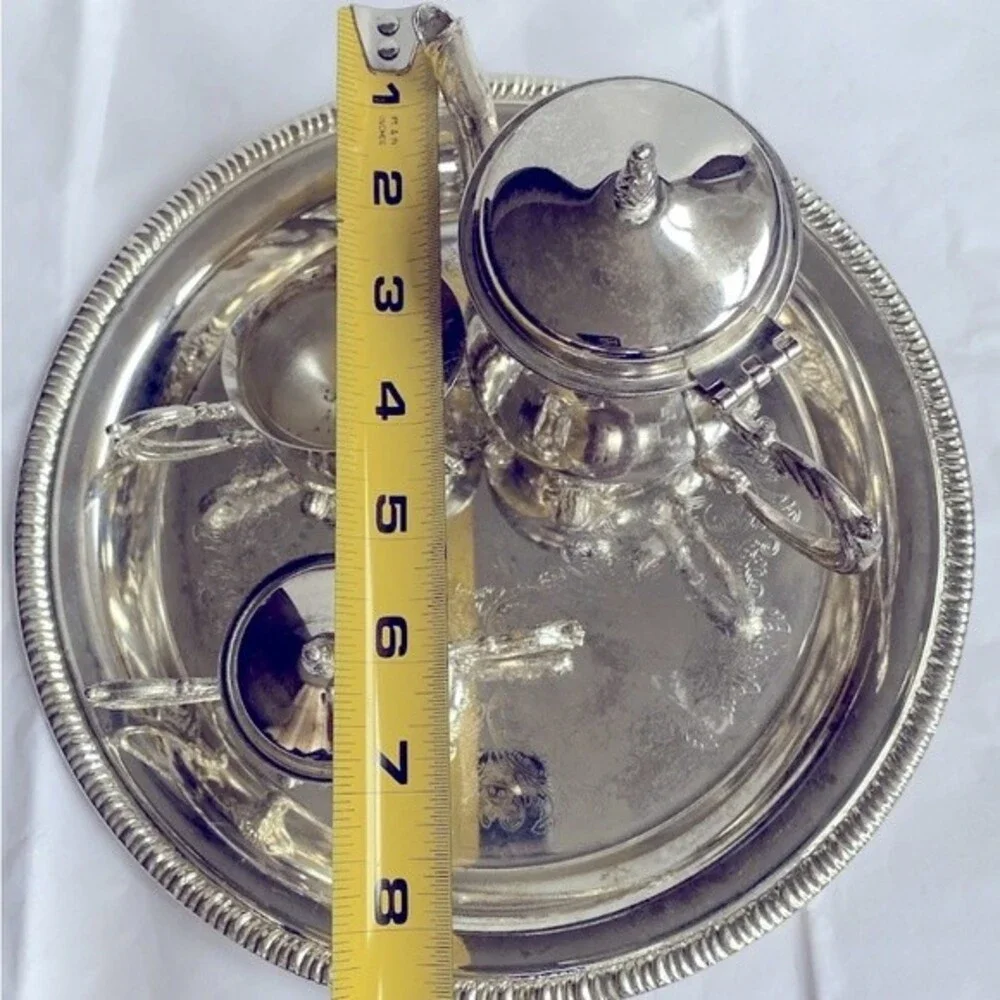 VTG Silver Plate Small 4 piece Coffee Set Teapot Creamer Sugar Bowls & Tray